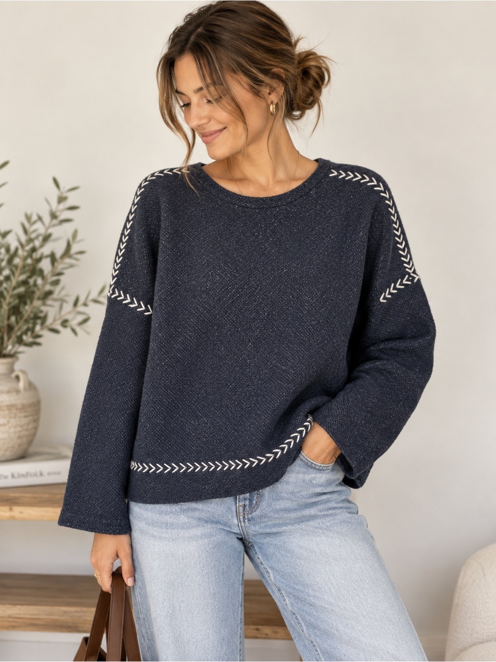 Lucky Brand Navy Nautical Stitch Sweater XL Coastal Preppy French Style